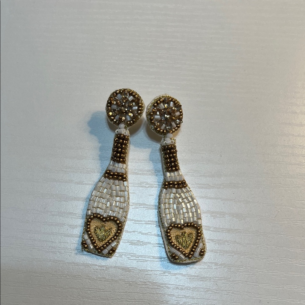 White and Gold Felt Beaded Champagne Statement Earrings